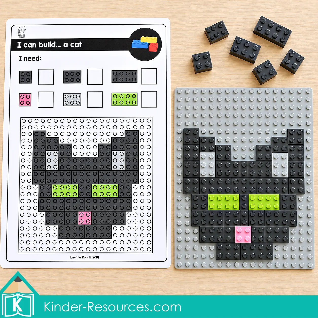ctober fine motor morning tubs cat building activity for preschool and kindergarten using bricks to develop fine motor coordination, planning, and spatial reasoning.