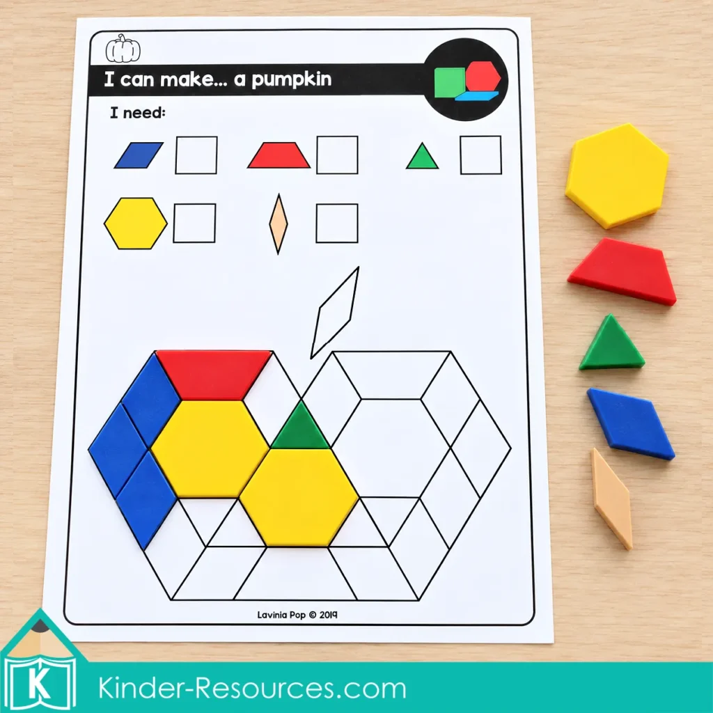 October fine motor morning tubs pumpkin pattern block activity for preschool and kindergarten to practice shape recognition, spatial reasoning, and fine motor control.
