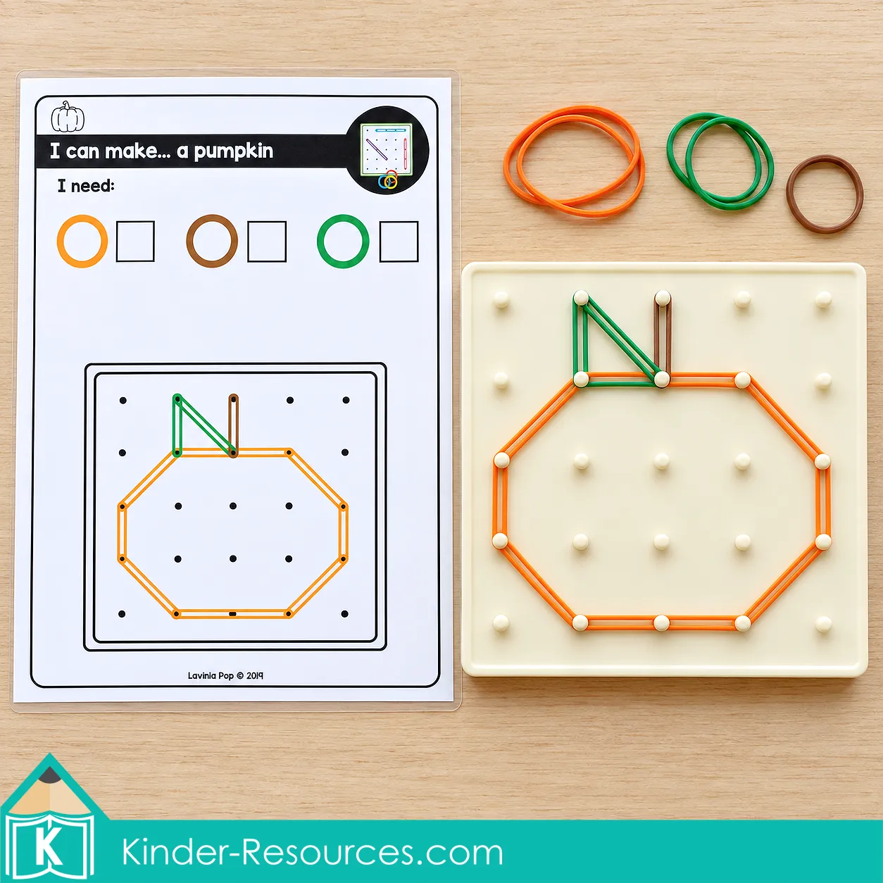 October fine motor morning tubs pumpkin geoboard activity for preschool and kindergarten using elastic bands to build hand strength and spatial awareness.