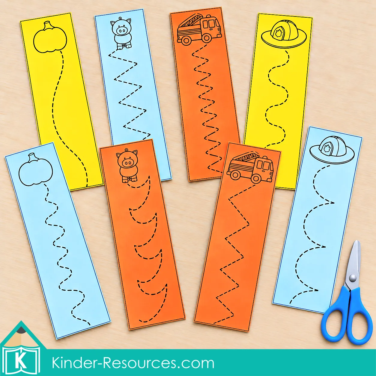 October fine motor morning tubs cutting strips for preschool and kindergarten with seasonal pictures and dashed lines for scissor control and cutting practice.