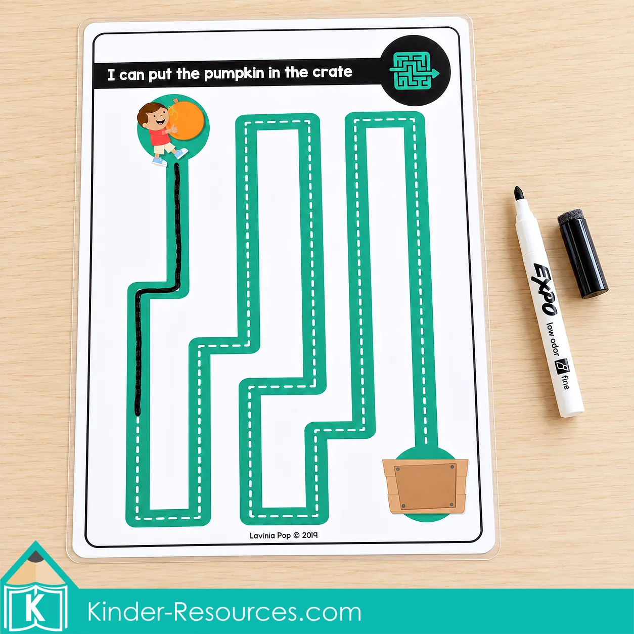 ober fine motor morning tubs pumpkin maze for preschool and kindergarten using a dry erase marker to practice visual tracking, control, and problem solving.