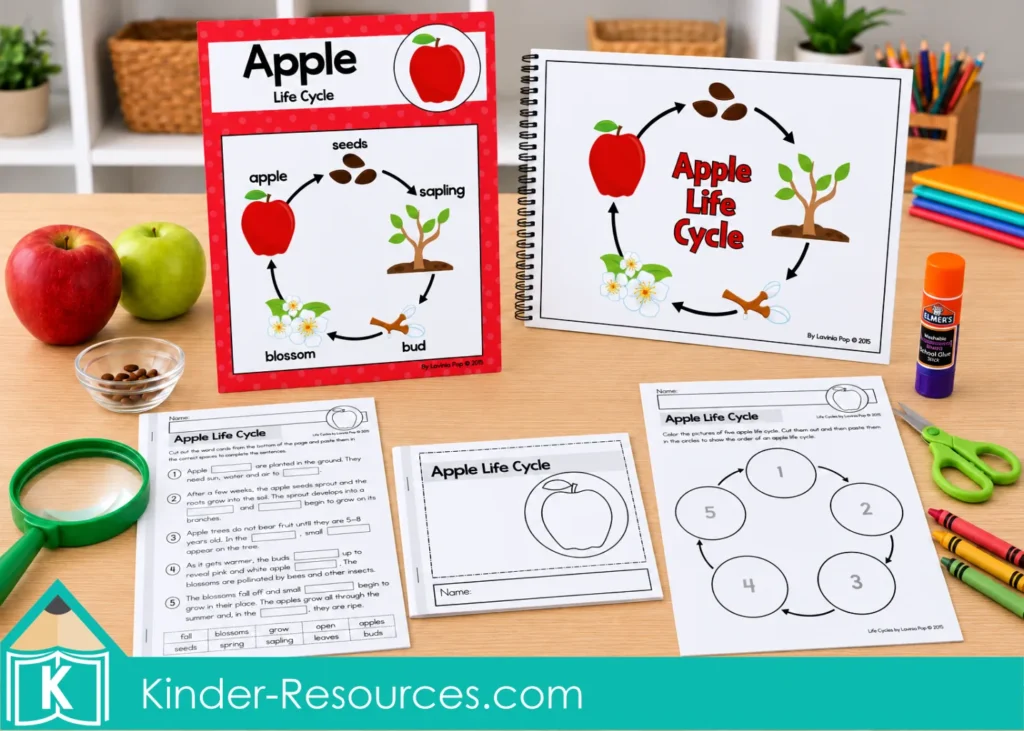 Apple life cycle activities pack with a classroom poster, reader, booklet, missing words worksheet and sequencing worksheet.