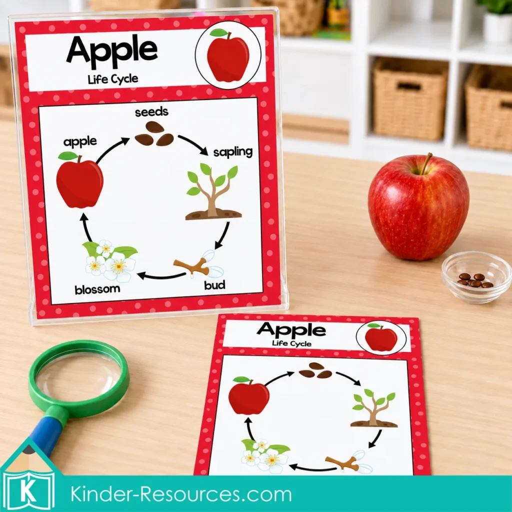 Labeled and unlabeled apple life cycle posters displayed with a red apple, apple seeds and a magnifying glass.