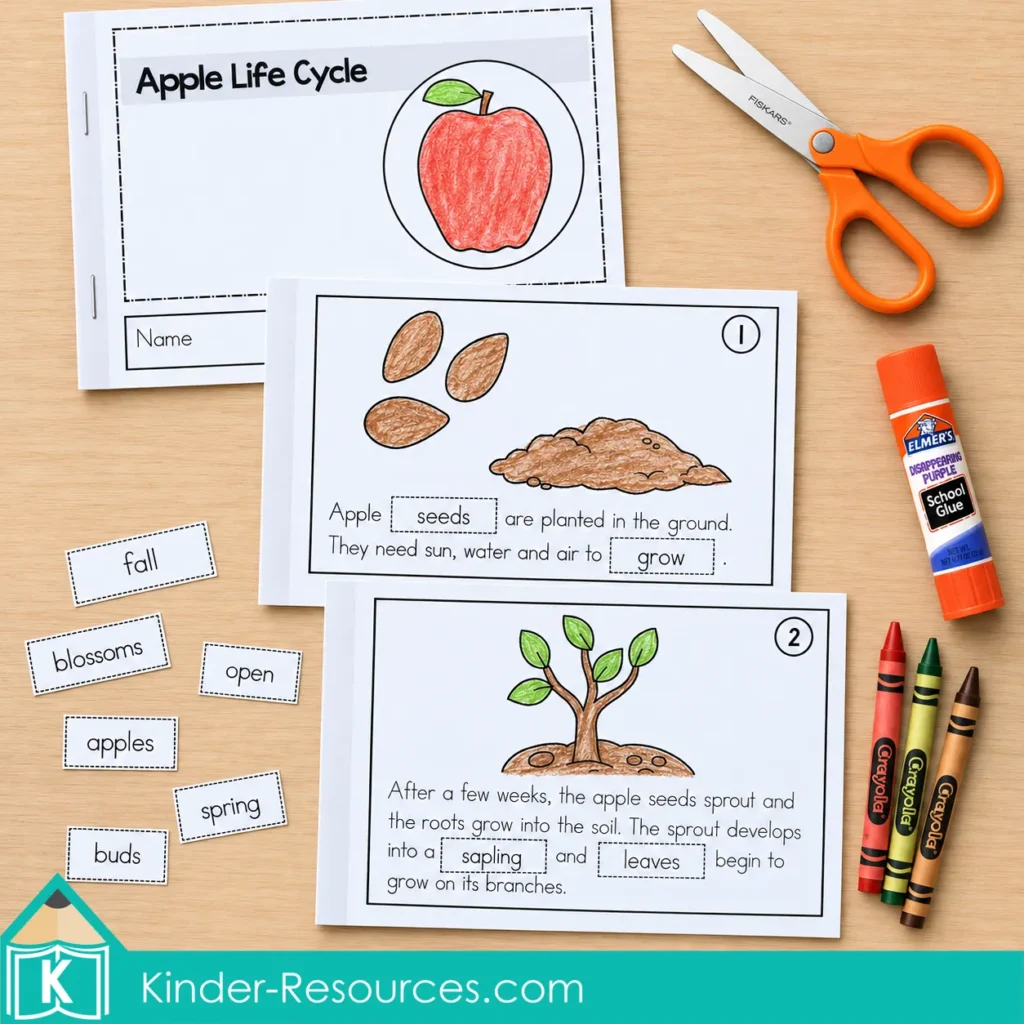 Apple life cycle student reader with colored stage pages, cut word cards, crayons, glue stick and scissors.