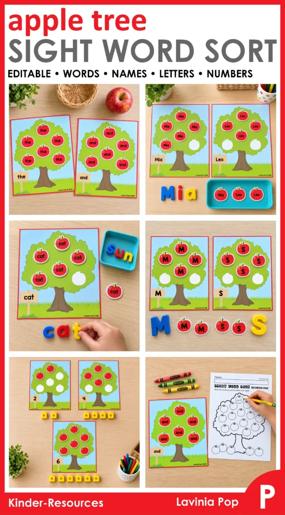 Apple Tree Sight Word Sort cover showing completed “the” and “and” trees and editable options for words, names, letters, and numbers.