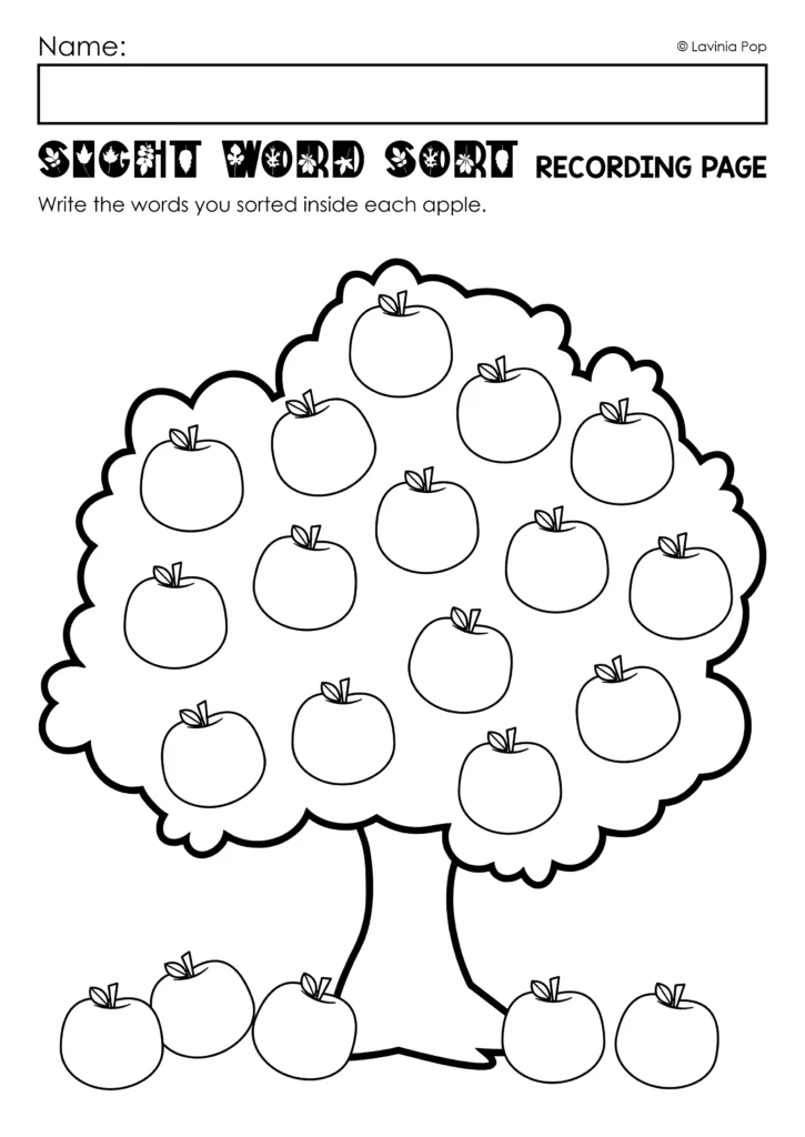 Black and white recording page with a name field and 20 outlined apples for writing words from the sight word sort.