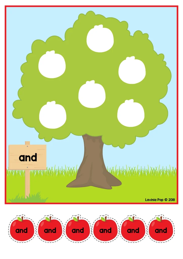 Printable tree mat labeled “and” with six empty apple spaces and six matching “and” apple pieces below