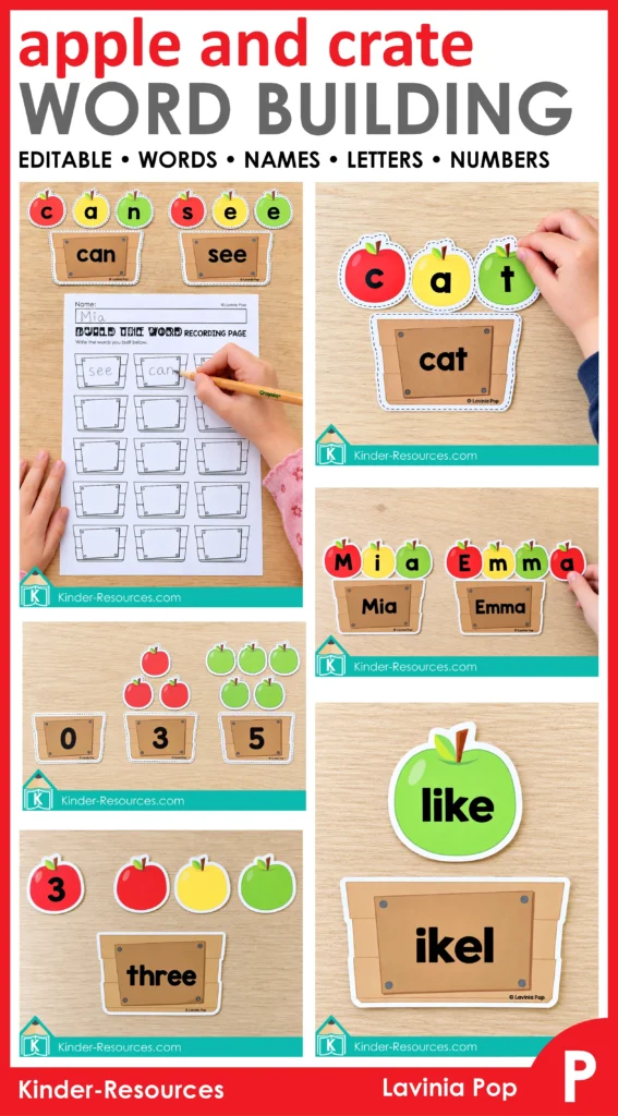 Editable sight word apple activity collage showing word building, writing, name spelling, counting, number word matching, and a word scramble.