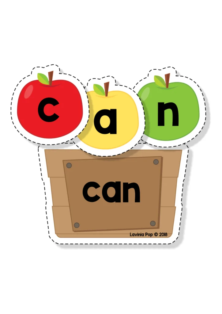 Red, yellow, and green letter apples spelling can above a matching word crate on a white background.