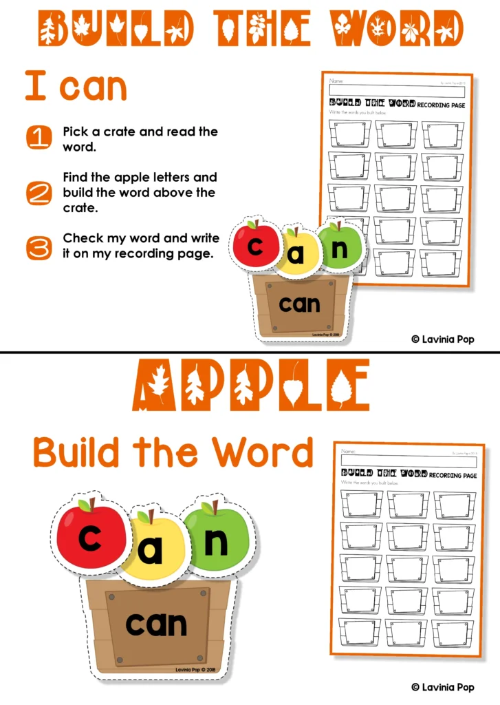 I Can instruction card showing how to read, build, and write words, with a matching apple word building center label.