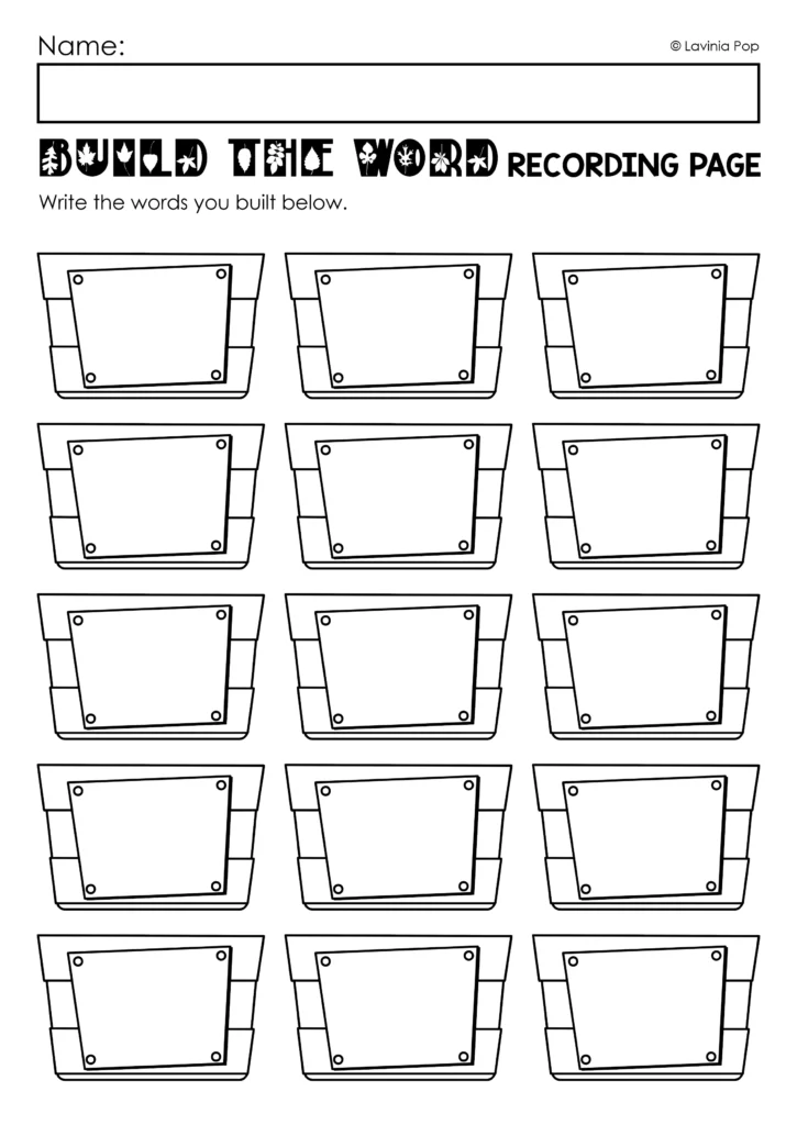 Sight word recording page with a name box and 15 blank crates for writing words built with apple letters.