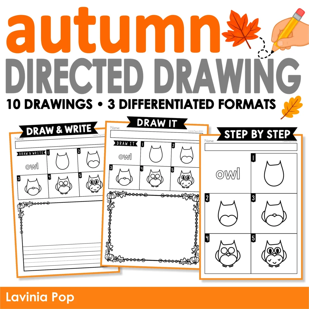 Autumn Directed Drawing for kindergarten and 1st grade with 10 fall drawings in three differentiated formats: Step by Step, Draw It, and Draw & Write.