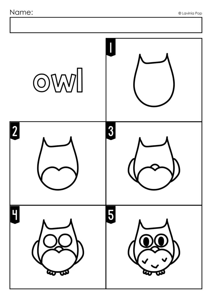 Autumn Directed Drawing owl instructions with five numbered picture steps to guide kindergarten and 1st grade students as they draw their own owl.