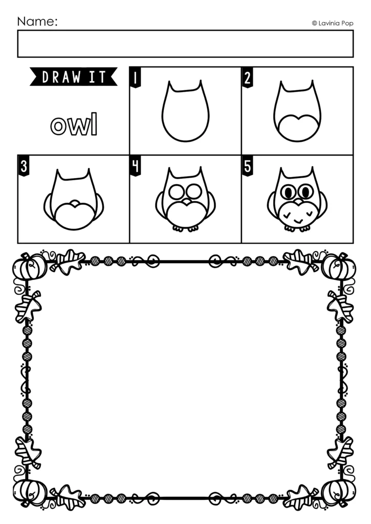 Autumn Directed Drawing owl worksheet with five picture steps and a large drawing space for kindergarten and 1st grade students to practice drawing independently.