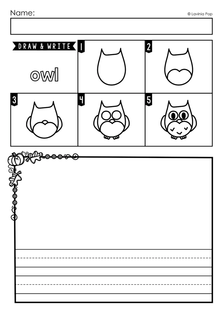 Autumn Directed Drawing owl activity with five picture steps, a drawing space, and primary handwriting lines for kindergarten and 1st grade drawing and sentence writing.