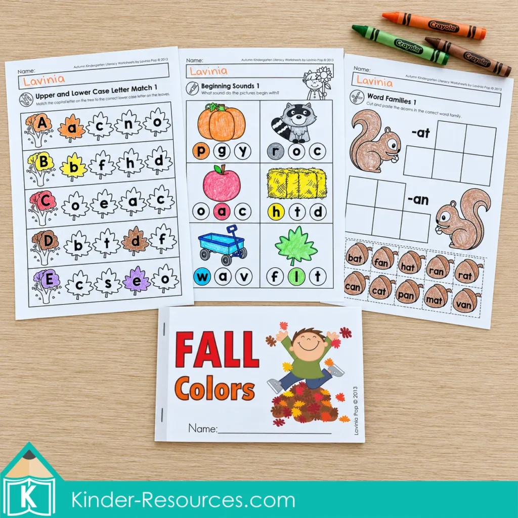 Worksheets and Fall Reader Autumn literacy activities featuring letter matching, beginning sounds, squirrel word families, and a Fall Colors reader.
