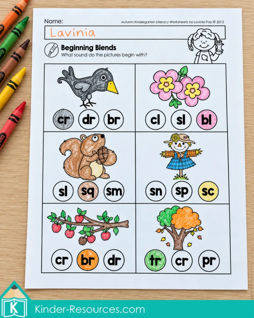Beginning blends worksheet with colored pictures of a crow, blossoms, squirrel, scarecrow, branch, and tree.