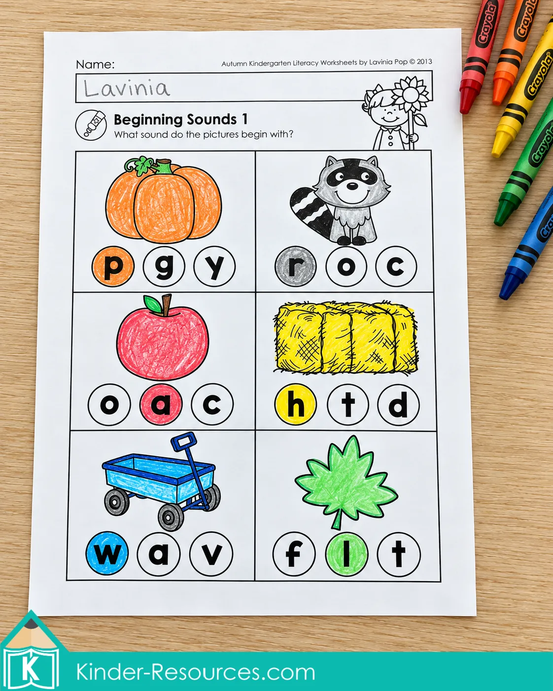 Beginning sounds worksheet with letters selected for pumpkin, raccoon, apple, hay, wagon, and leaf pictures.