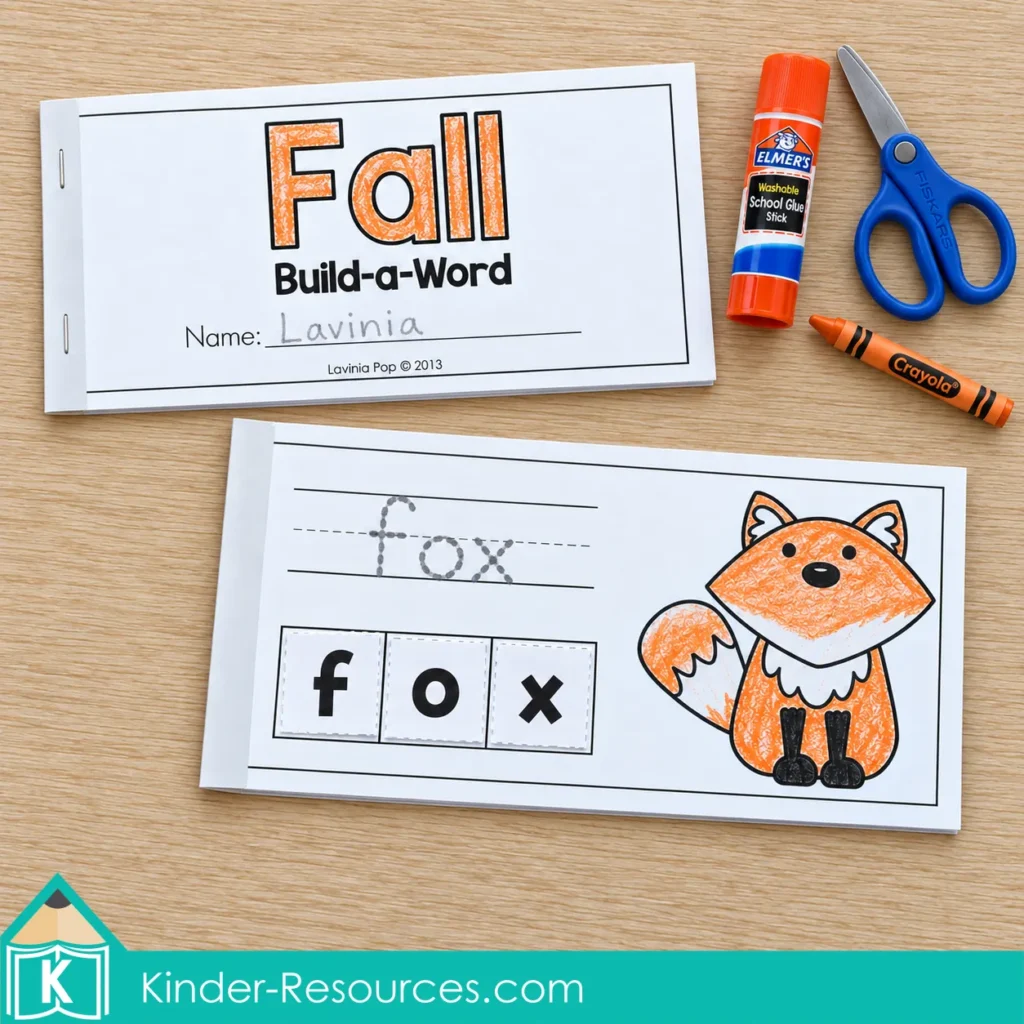 Fall Build a Word booklet beside a completed fox page with the word traced and letter tiles pasted in order.