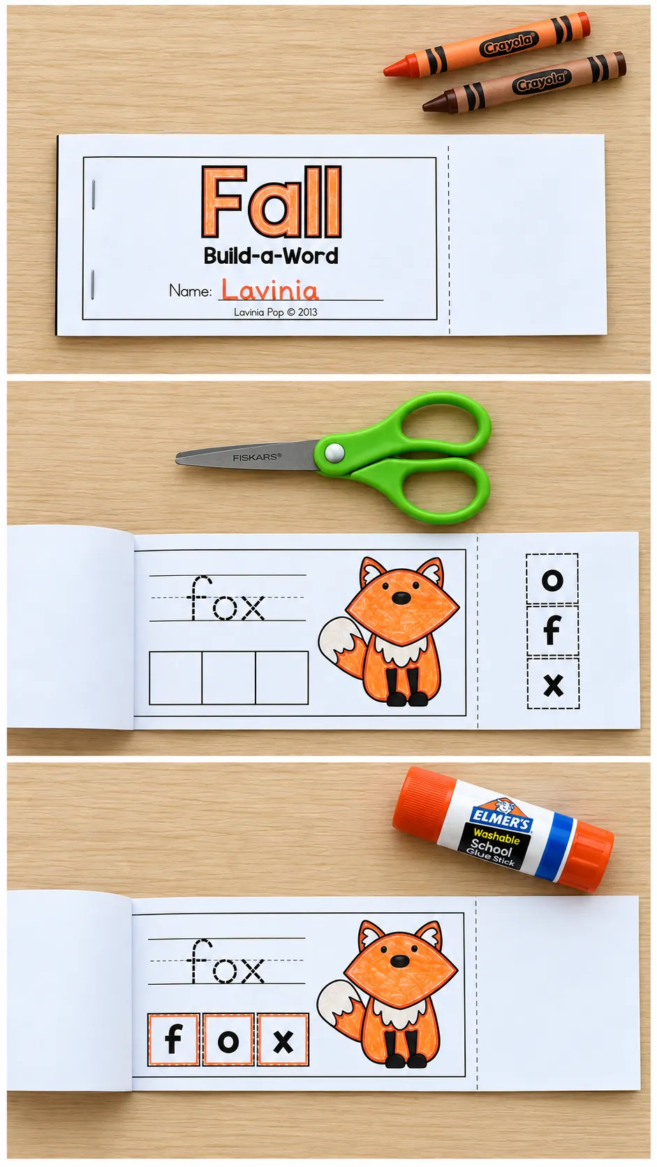 Three photos show a Fall Build a Word booklet cover, fox page with letter tiles ready to cut, and completed word fox.