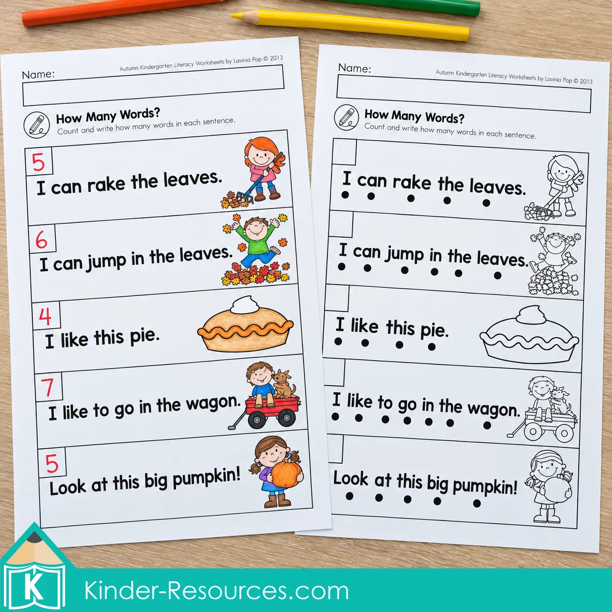 Two fall sentence counting worksheets show written word counts and a supported version with a dot beneath each word.