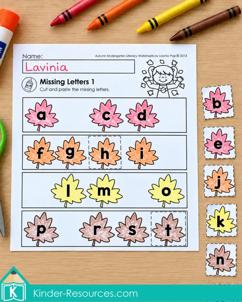 Fall alphabet sequencing worksheet with lowercase letters on colored leaves and loose letter tiles ready to fill the gaps.
