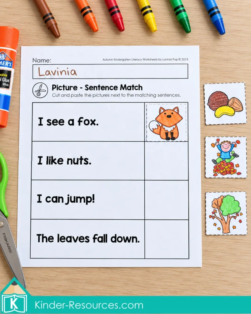 Fall reading worksheet with a fox picture matched to its sentence and nuts, jumping child, and tree cutouts beside it.