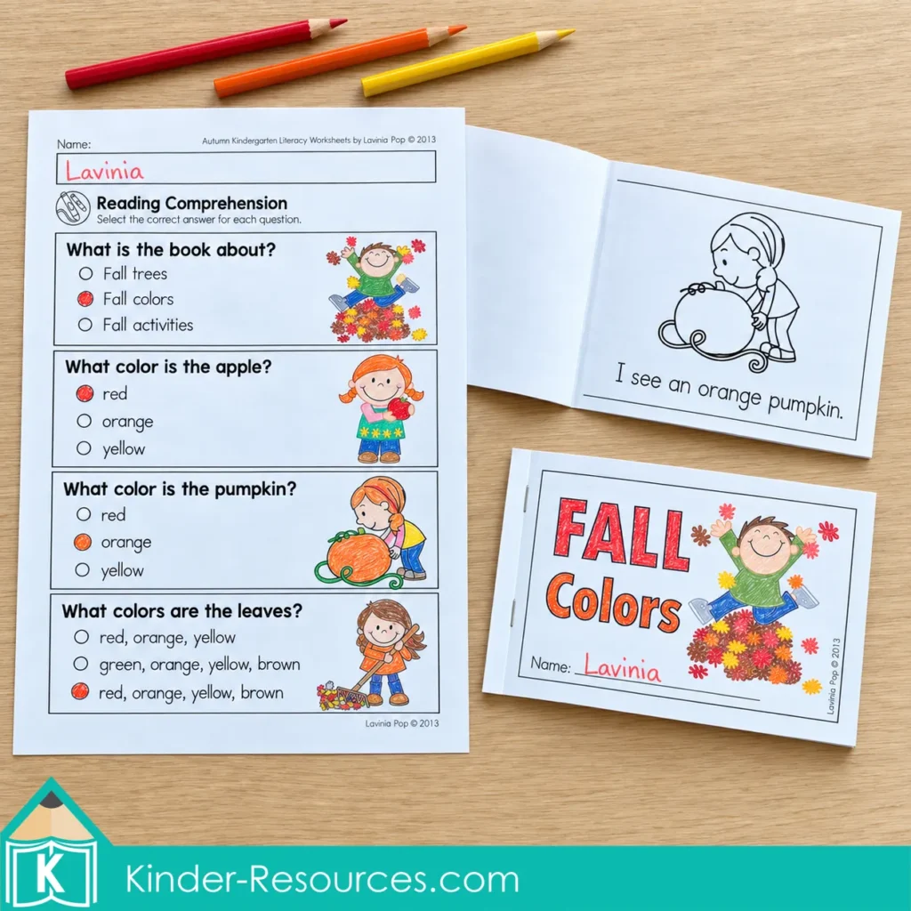 Fall Colors booklet, an open pumpkin reading page, and a completed comprehension worksheet about colors in the reader.