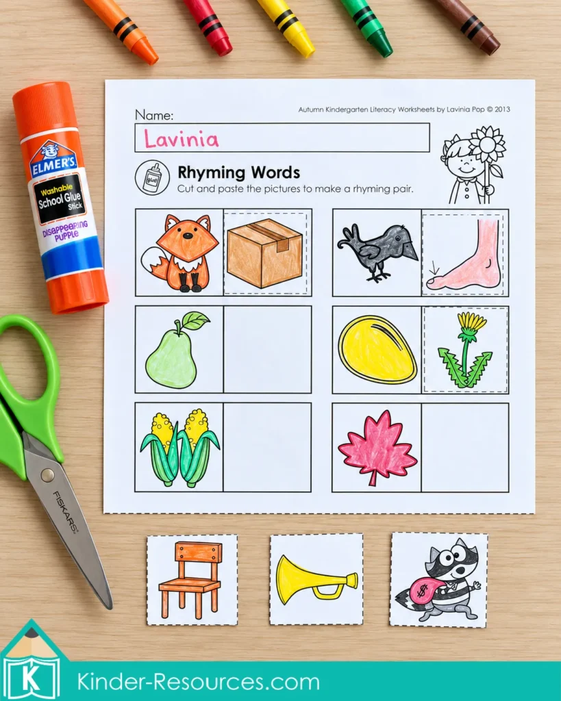 Rhyming worksheet with fox and box, crow and toe, and seed and weed matched, plus three loose picture cutouts.