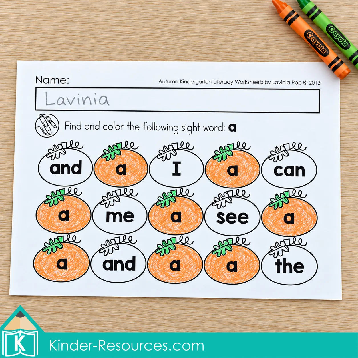 Pumpkin sight word worksheet with each occurrence of the word a colored orange among other simple words.