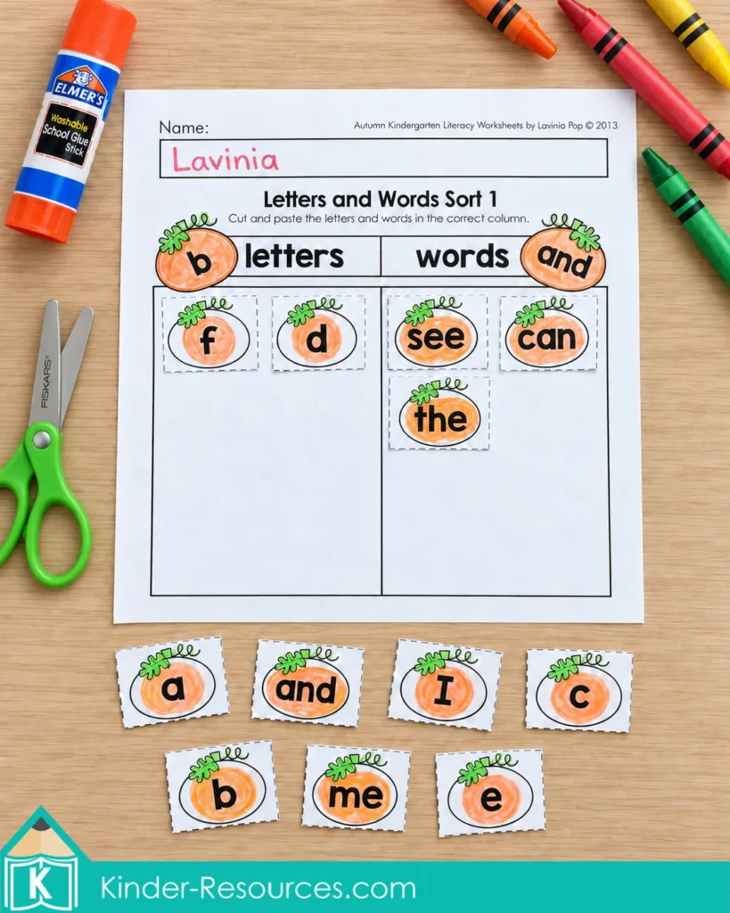 Pumpkin cutouts sorted into letters and words columns, with additional letter and word tiles below the worksheet.