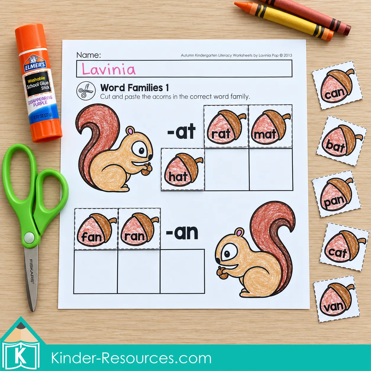 Squirrel word family worksheet with acorn words sorted into at and an families and additional cutouts ready to paste.