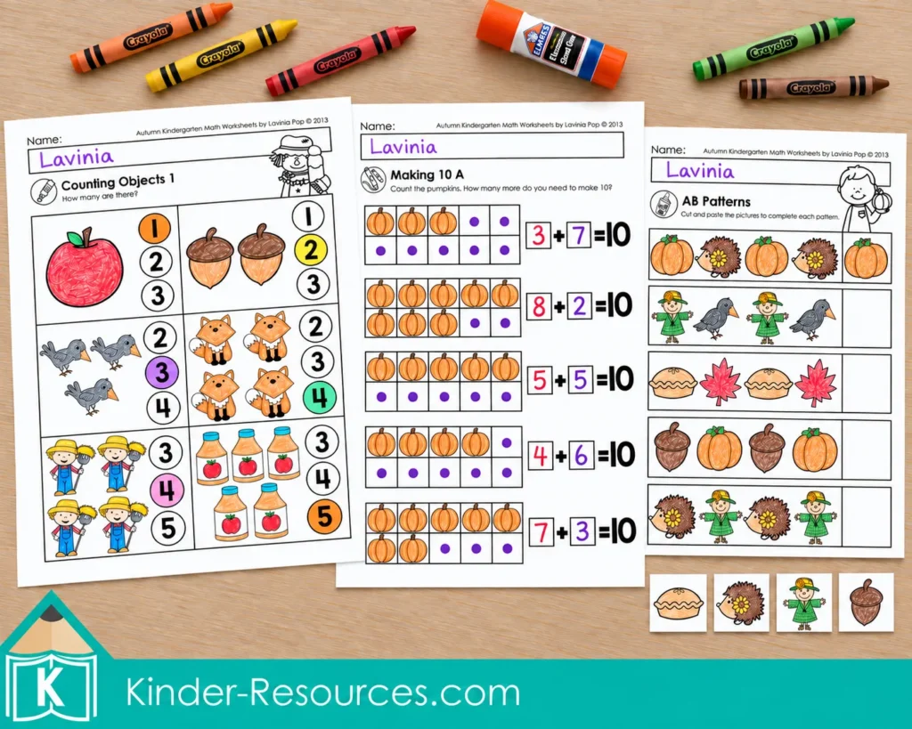 Autumn Kindergarten Math Worksheets showing counting, making 10 and AB pattern activities with colorful autumn-themed pictures.