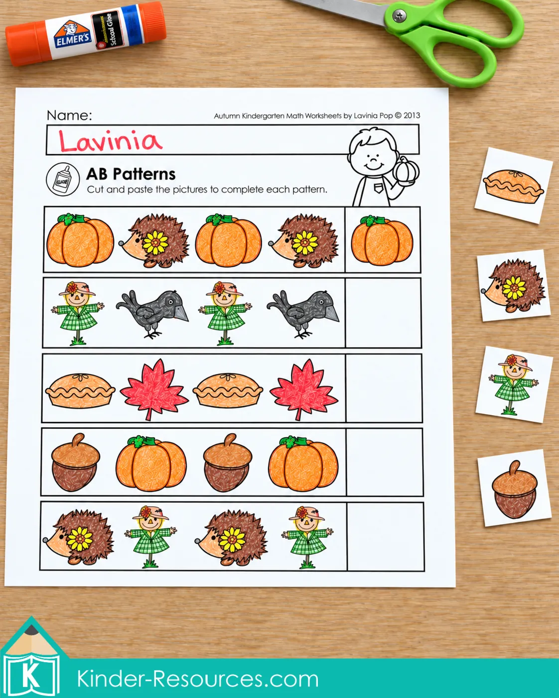 Autumn Kindergarten Math Worksheets AB pattern activity with pumpkins, hedgehogs, scarecrows, crows, leaves and acorns.