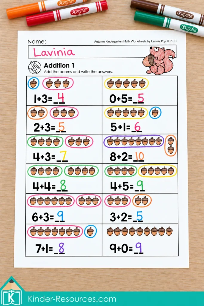 Kindergarten autumn addition worksheet with acorn pictures used to solve addition facts within 10.