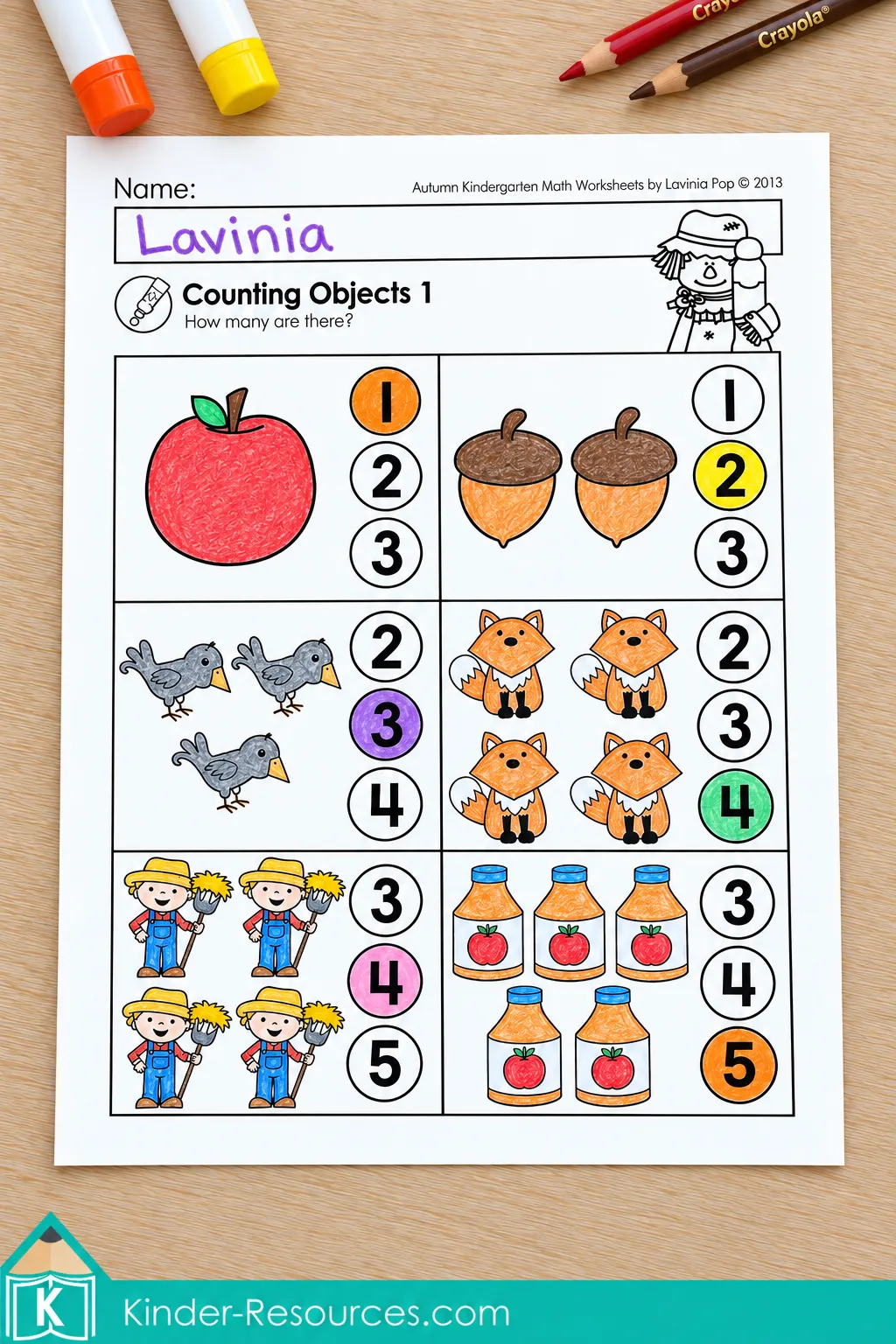 Kindergarten counting worksheet with autumn objects including an apple, acorns, crows, foxes, farmers and cider bottles