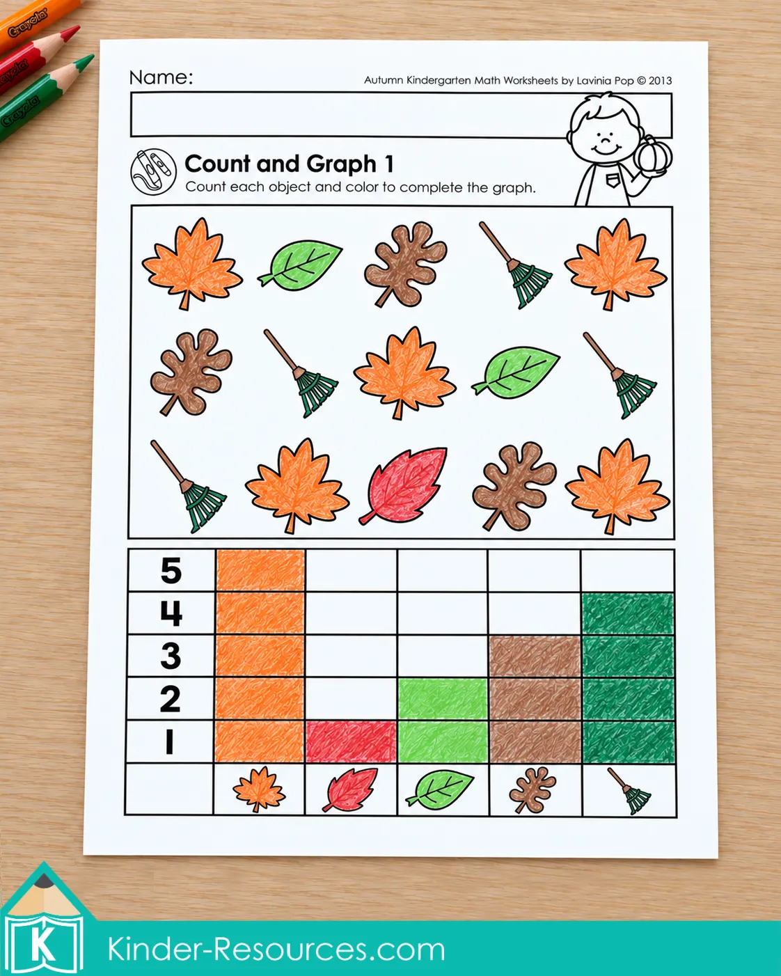 Autumn count and graph worksheet with colorful leaves and rakes for kindergarten math practice.