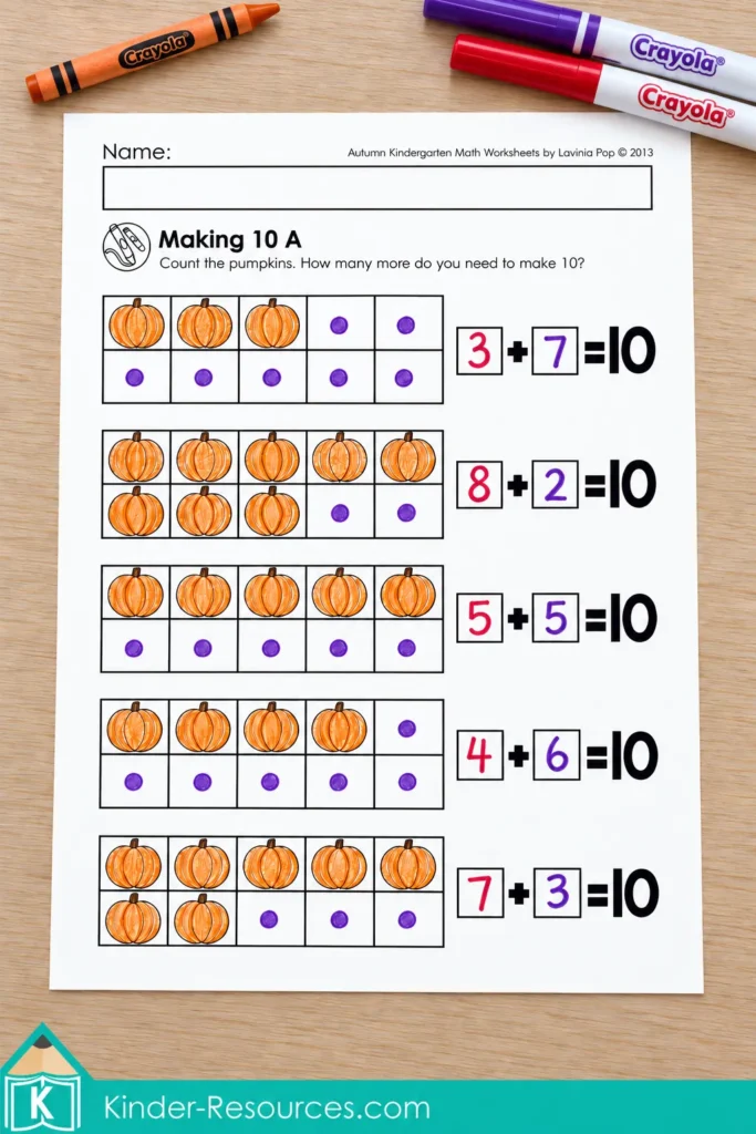 Kindergarten Making 10 worksheet using pumpkin ten frames to practice number combinations that equal 10.