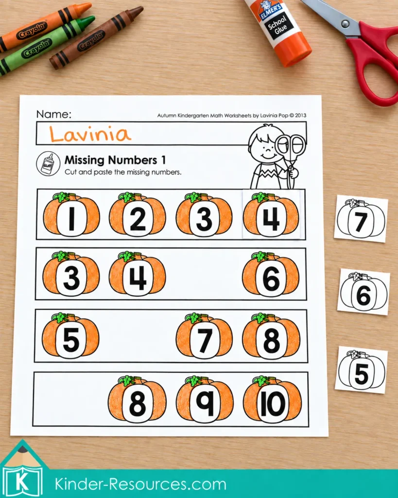 Pumpkin missing numbers cut and paste activity for kindergarten number order practice from 1 to 10.