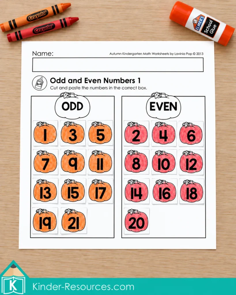 Autumn odd and even numbers sorting activity with numbered pumpkins sorted into odd and even groups.