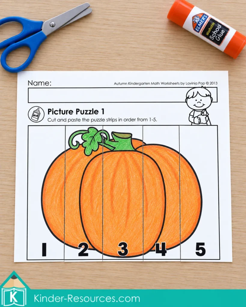 Pumpkin number order picture puzzle for kindergarten with numbered strips arranged from 1 to 5.