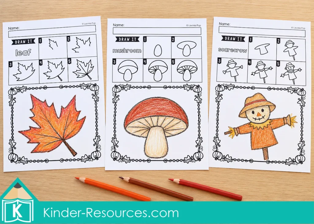 Autumn Directed Drawing worksheets with five picture steps and colored leaf, mushroom, and scarecrow examples for kindergarten and 1st grade drawing practice.