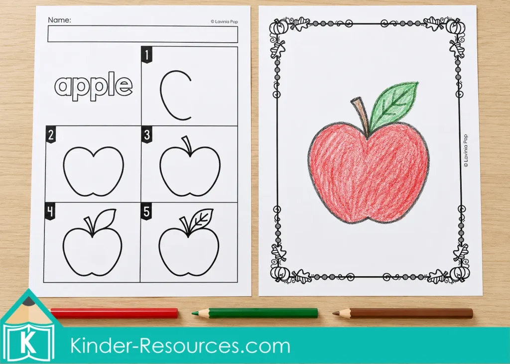 Autumn Directed Drawing apple instructions with five picture steps and a completed red apple on a framed drawing page for kindergarten and 1st grade drawing practice.