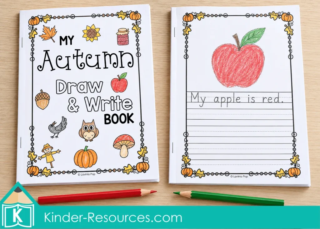 Autumn Directed Drawing book with a colored apple and the sentence “My apple is red.” for kindergarten and 1st grade drawing and sentence writing practice.