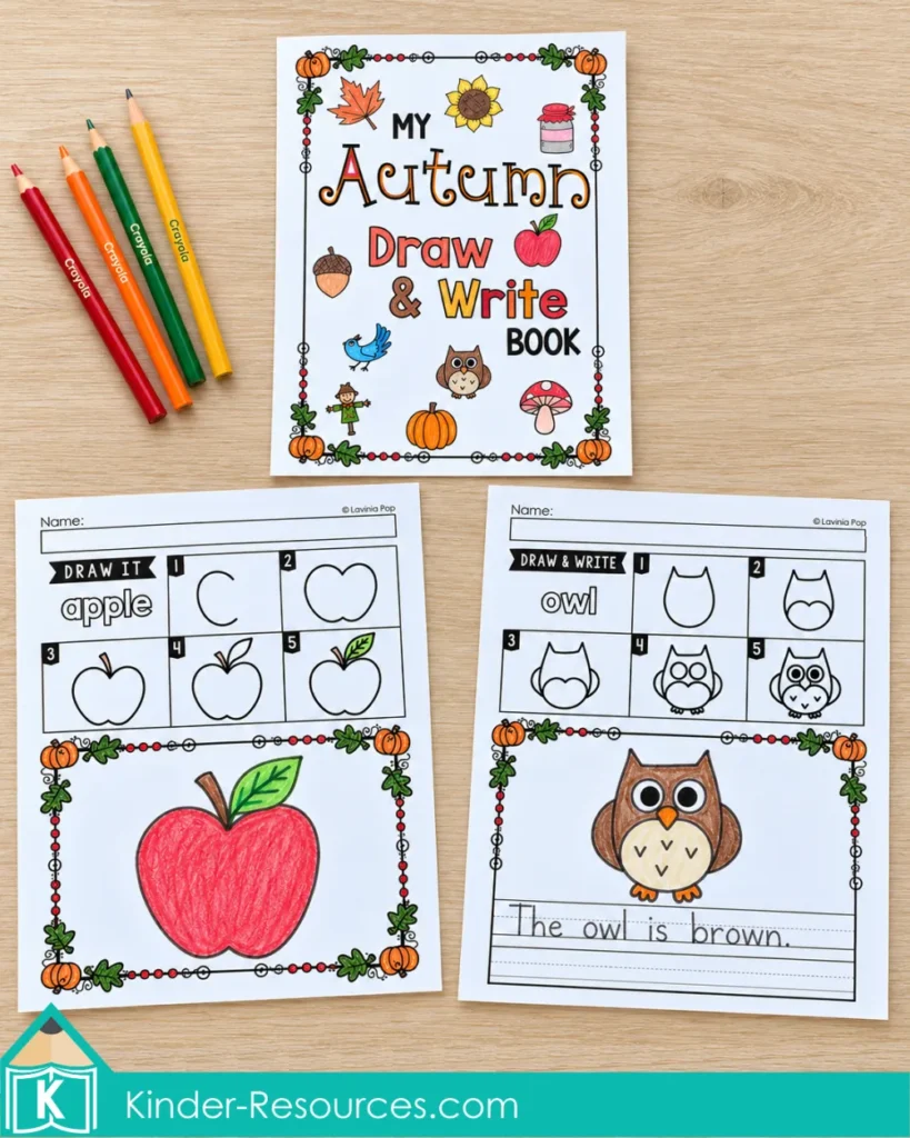 Autumn Directed Drawing book cover with completed apple Draw It and owl Draw & Write worksheets for kindergarten and 1st grade drawing and sentence writing practice.