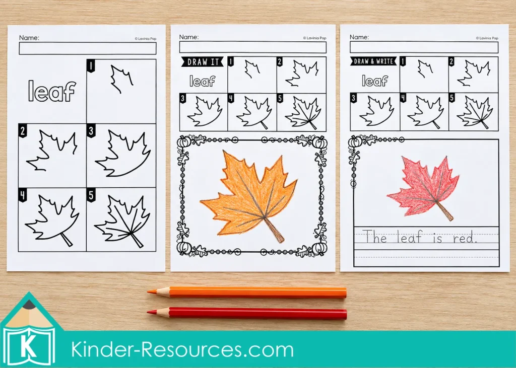 Autumn Directed Drawing leaf worksheets in Step by Step, Draw It, and Draw & Write formats for kindergarten and 1st grade drawing and sentence writing practice.