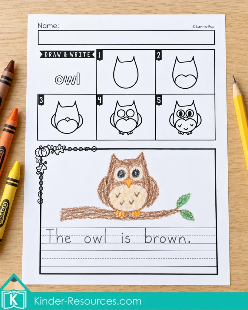 Autumn Directed Drawing owl worksheet with five picture steps, a brown owl drawing, and the sentence “The owl is brown.” for kindergarten and 1st grade writing practice.