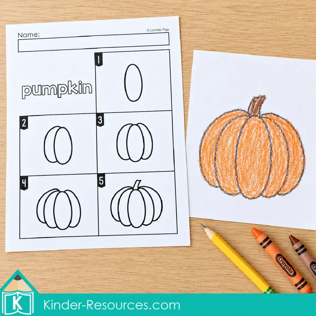 Autumn Directed Drawing pumpkin instructions with five picture steps and a completed orange pumpkin for kindergarten and 1st grade drawing and coloring practice.