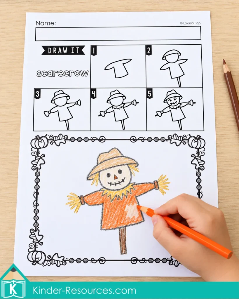 Autumn Directed Drawing scarecrow worksheet with five picture steps and a scarecrow being colored for kindergarten and 1st grade drawing and fine motor practice.
