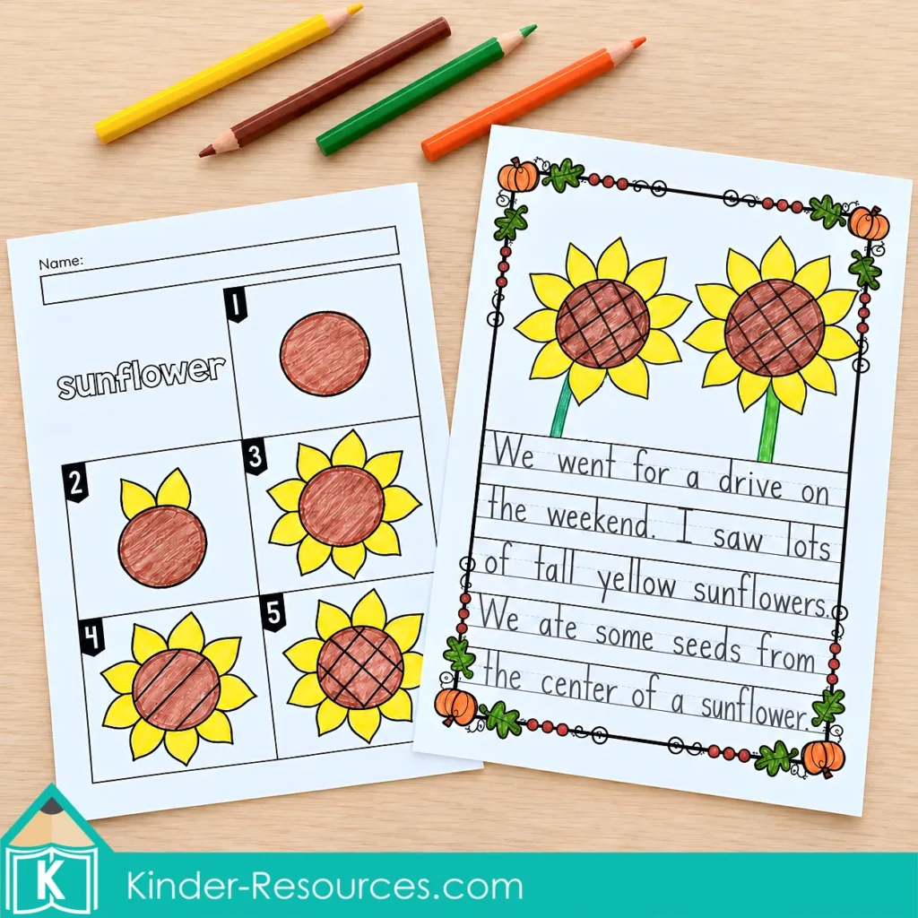 Autumn Directed Drawing sunflower activity with five picture steps, colored sunflower drawings, and a short recount for kindergarten and 1st grade drawing and writing practice.